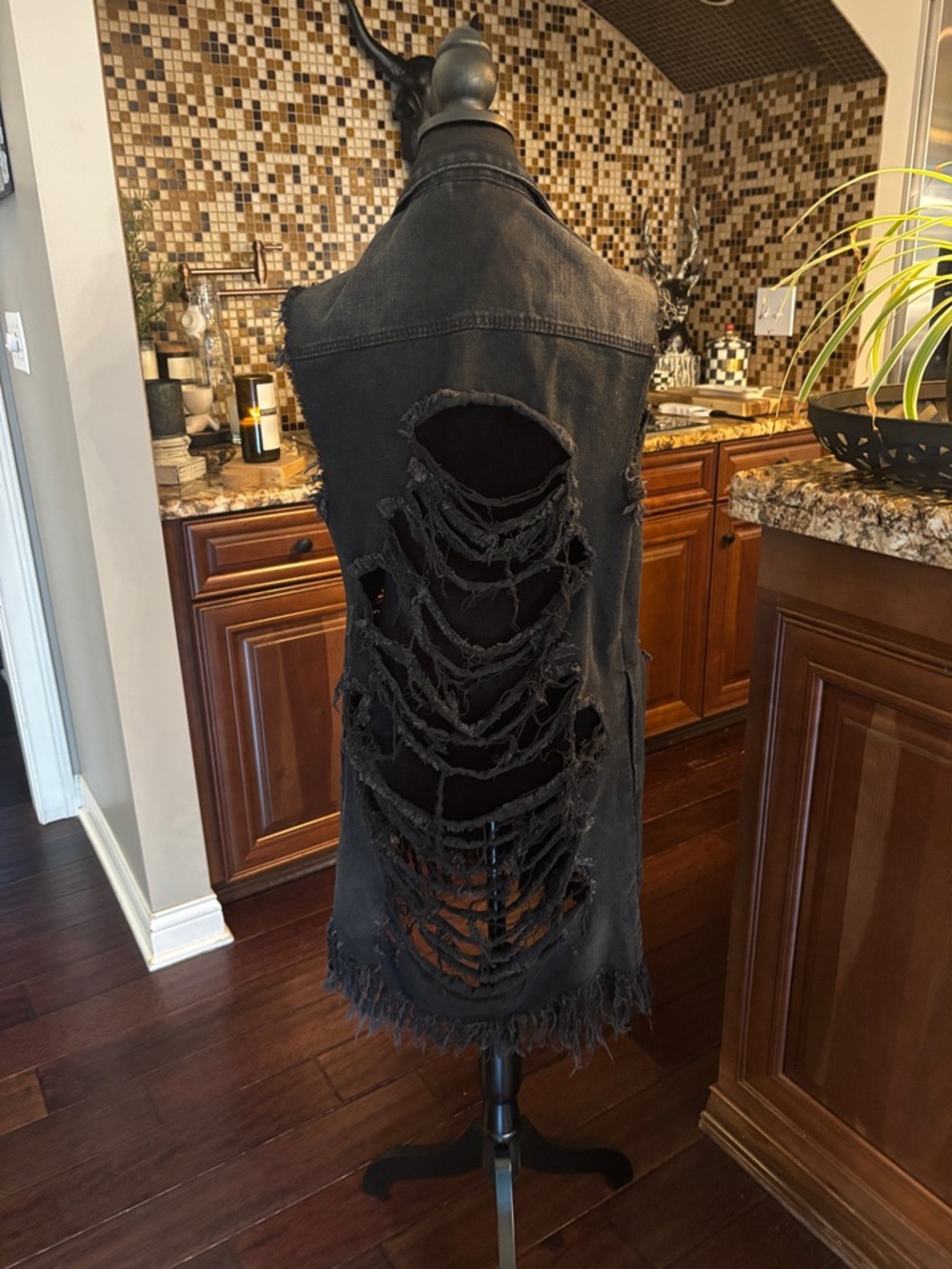 American Bazi Black Distressed Sleeveless Denim Vest with Shredded Back Detail